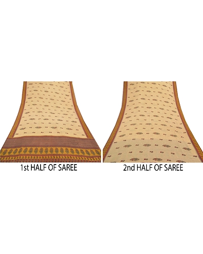 Sanskriti Vintage Cream Sarees Pure Georgette Silk Printed Sari 5Yd Craft Fabric, PRG-9293-Cream-Printed Floral Design-Pure Georgette Silk-5