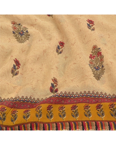 Sanskriti Vintage Cream Sarees Pure Georgette Silk Printed Sari 5Yd Craft Fabric, PRG-9293-Cream-Printed Floral Design-Pure Georgette Silk-6