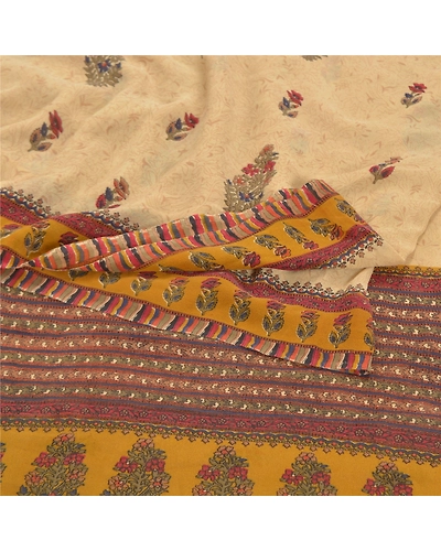 Sanskriti Vintage Cream Sarees Pure Georgette Silk Printed Sari 5Yd Craft Fabric, PRG-9293-Cream-Printed Floral Design-Pure Georgette Silk-7
