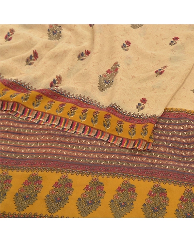 Sanskriti Vintage Cream Sarees Pure Georgette Silk Printed Sari 5Yd Craft Fabric, PRG-9293-Cream-Printed Floral Design-Pure Georgette Silk-9