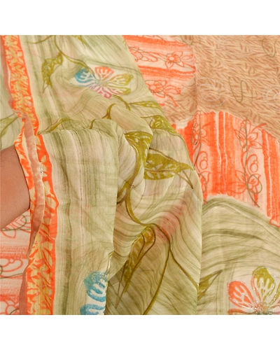 Sanskriti Vintage Brown Sarees Blend Georgette Printed Sparkle Sari Craft Fabric, PRG-9301-Brown-Printed Floral Design-Blend Georgette-4