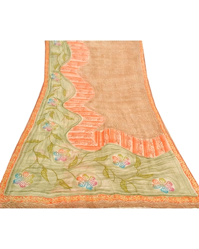 Sanskriti Vintage Brown Sarees Blend Georgette Printed Sparkle Sari Craft Fabric, PRG-9301-Brown-Printed Floral Design-Blend Georgette-8