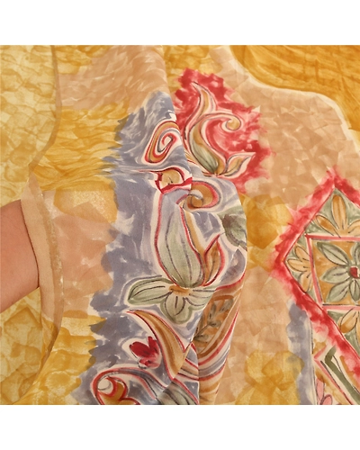 Sanskriti Vintage Mustard Sarees Pure Georgette Silk Printed Sari Craft Fabric, PRG-9311-Mustard-Printed Floral Design-Pure Georgette Silk-4