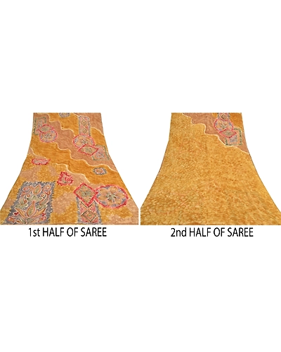 Sanskriti Vintage Mustard Sarees Pure Georgette Silk Printed Sari Craft Fabric, PRG-9311-Mustard-Printed Floral Design-Pure Georgette Silk-5