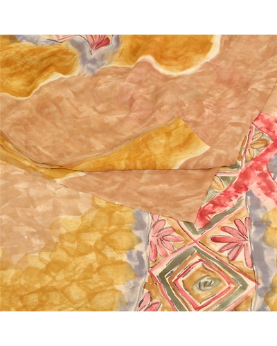 Sanskriti Vintage Mustard Sarees Pure Georgette Silk Printed Sari Craft Fabric, PRG-9311-Mustard-Printed Floral Design-Pure Georgette Silk-7