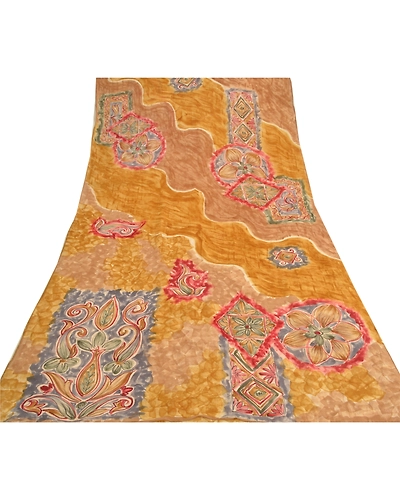 Sanskriti Vintage Mustard Sarees Pure Georgette Silk Printed Sari Craft Fabric, PRG-9311-Mustard-Printed Floral Design-Pure Georgette Silk-8