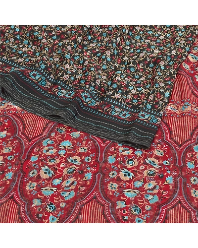Sanskriti Vintage Black Sarees Georgette Floral Printed 5 Yard Soft Sari Fabric, PRG-9336-Black-Printed Floral Design-Georgette-9