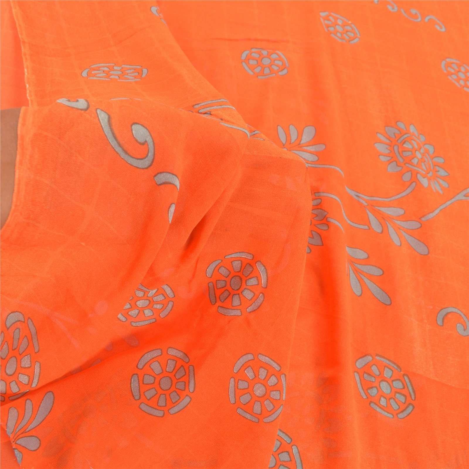 Sanskriti Vintage Orange Sarees Pure Georgette Silk Print Blouse Pc Sari Fabric, PRG-9373-Orange-Printed Floral Design-Pure Georgette Silk-4