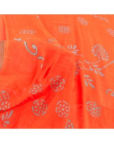 Sanskriti Vintage Orange Sarees Pure Georgette Silk Print Blouse Pc Sari Fabric, PRG-9373-Orange-Printed Floral Design-Pure Georgette Silk-4