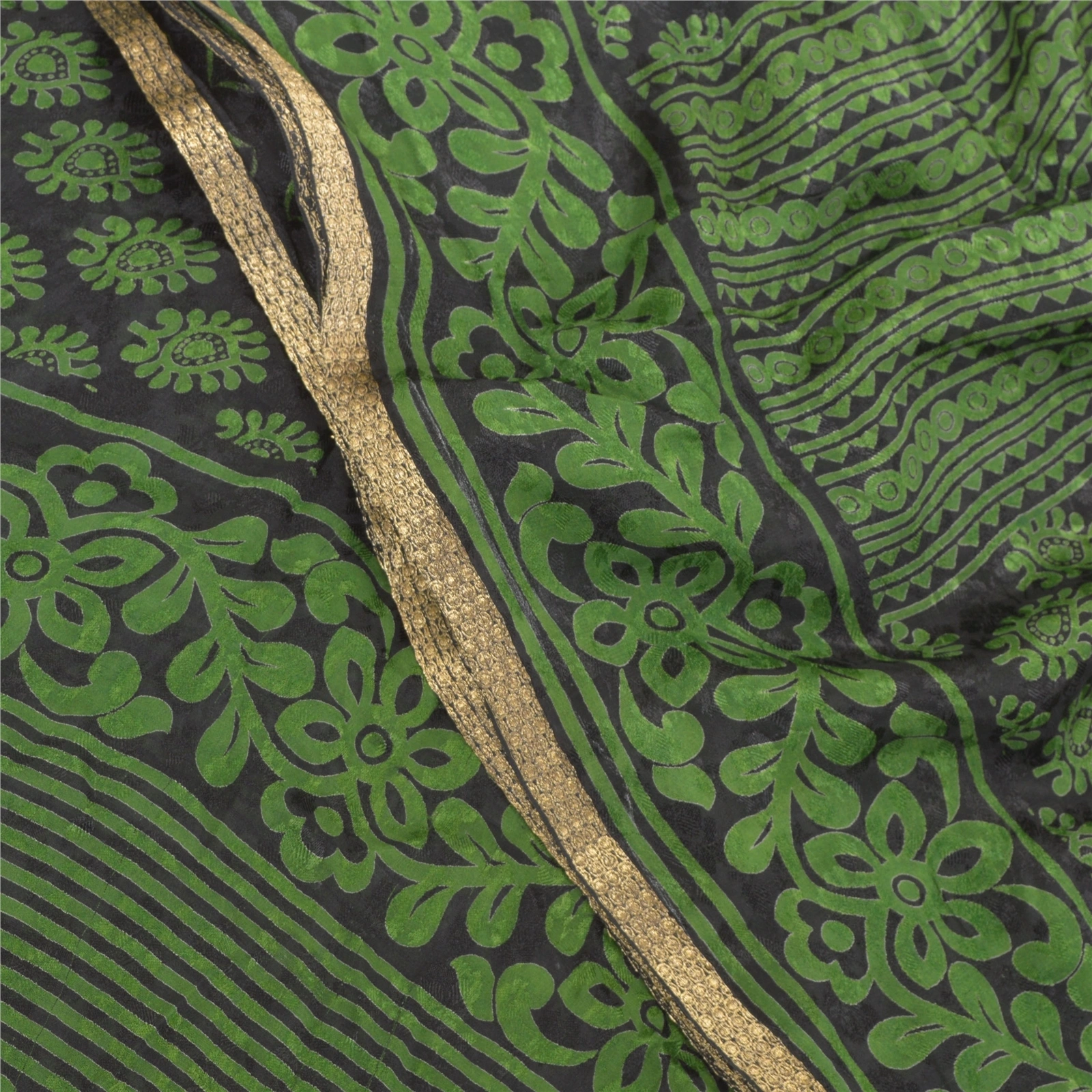 Sanskriti Vintage Green Sarees Blend Georgette Print Woven Sari 5Yd Craft Fabric, PRG-9412-Green-Printed Floral Design-Blend Georgette-1