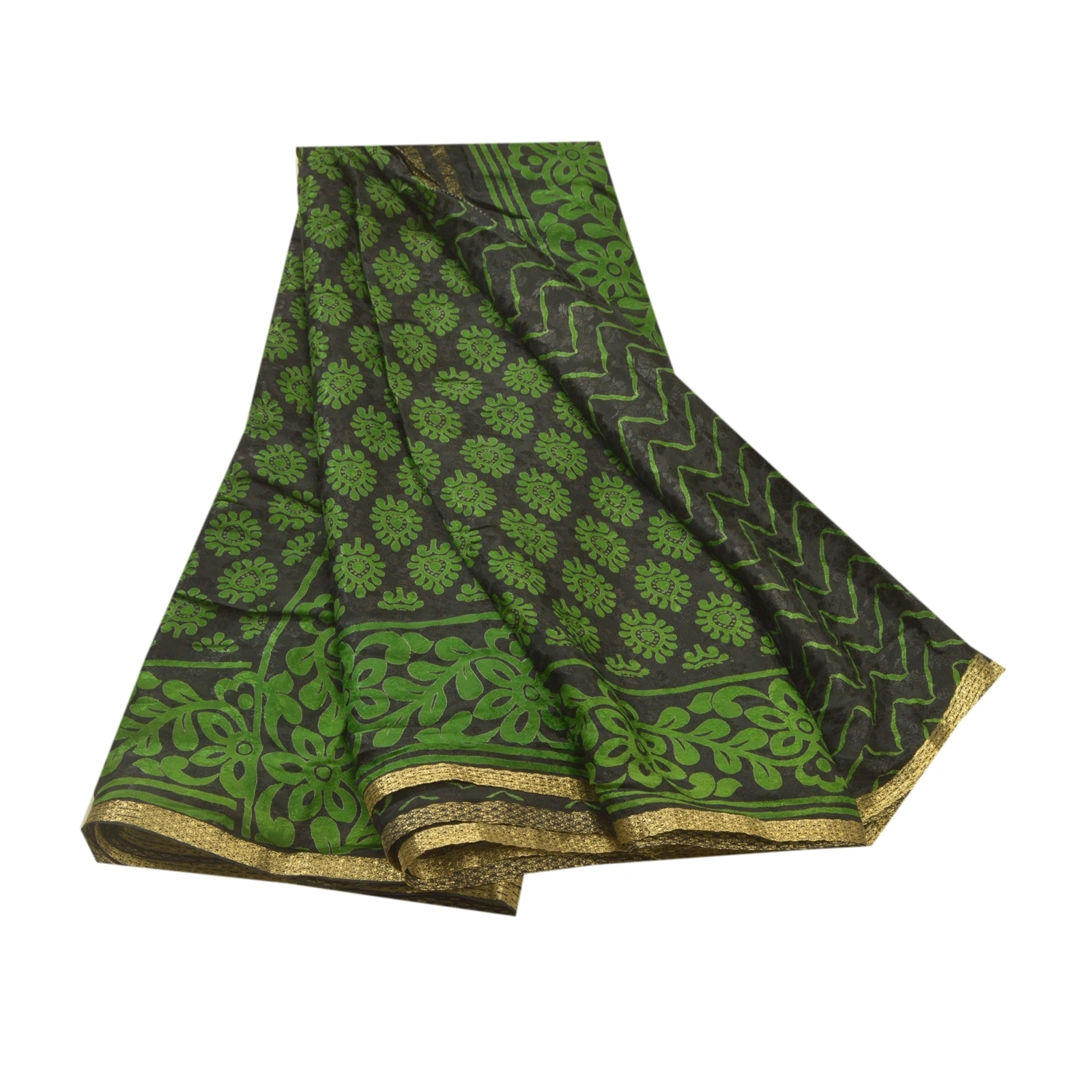 Sanskriti Vintage Green Sarees Blend Georgette Print Woven Sari 5Yd Craft Fabric, PRG-9412-Green-Printed Floral Design-Blend Georgette-2