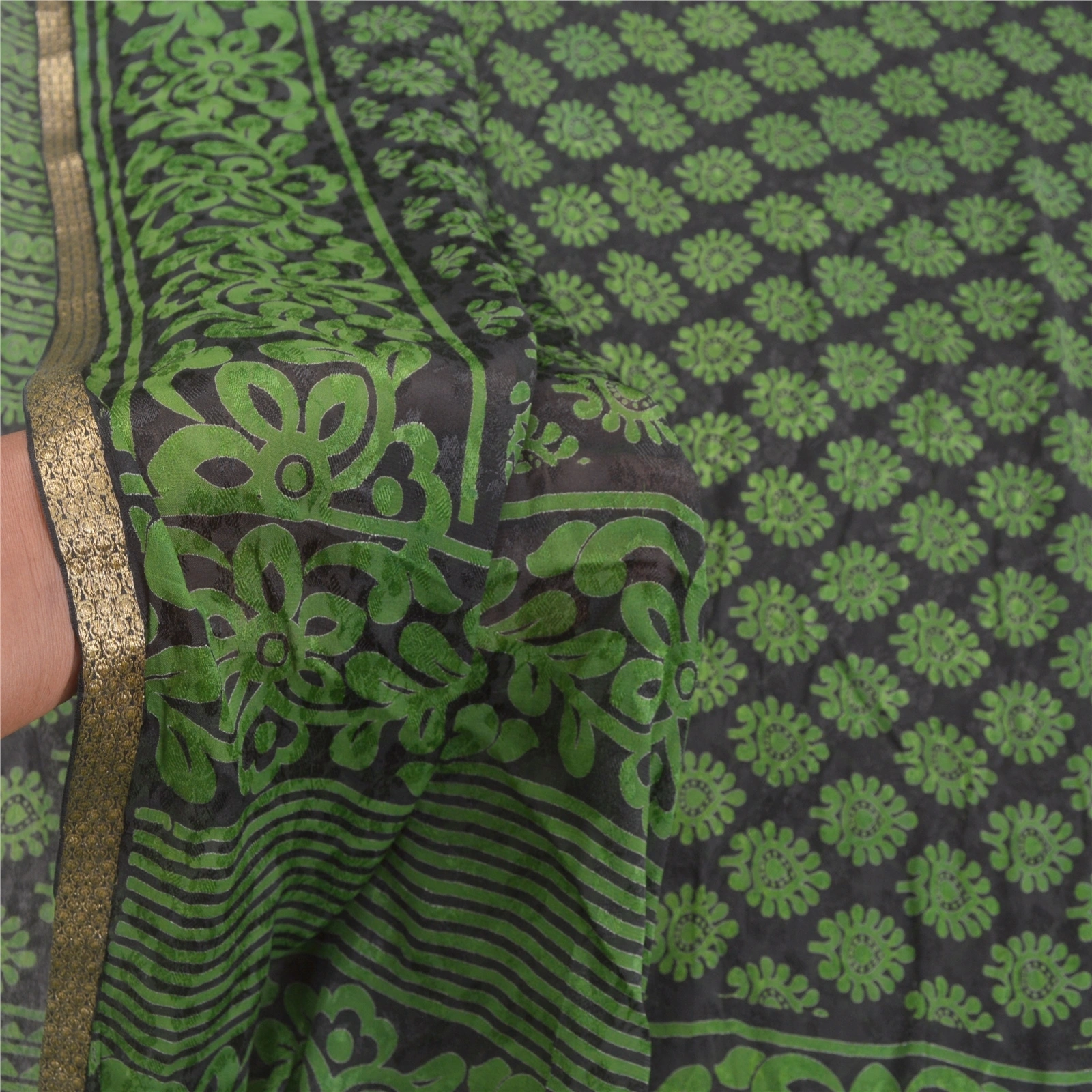 Sanskriti Vintage Green Sarees Blend Georgette Print Woven Sari 5Yd Craft Fabric, PRG-9412-Green-Printed Floral Design-Blend Georgette-4