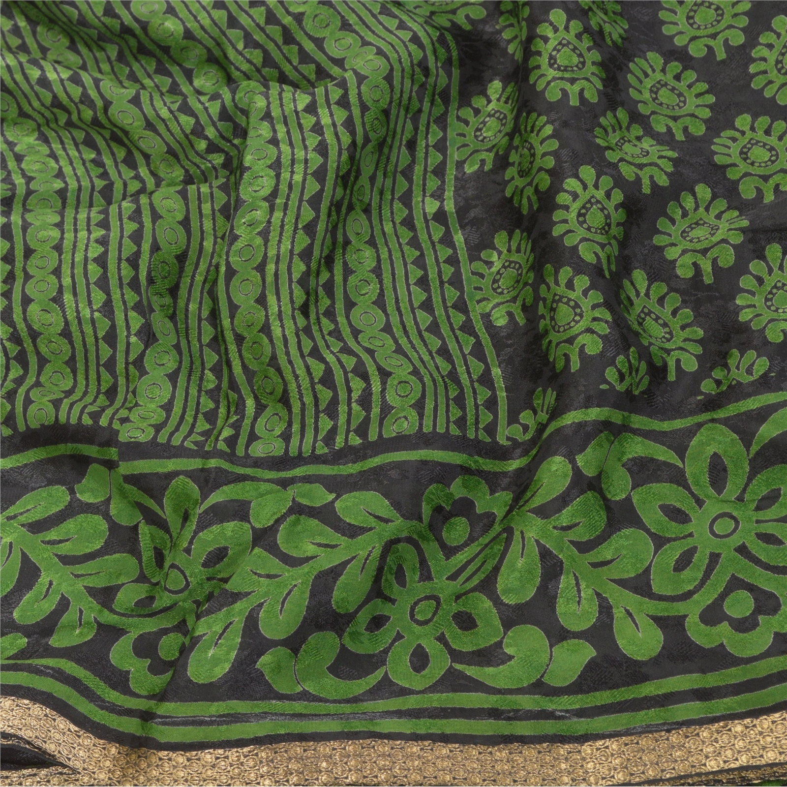 Sanskriti Vintage Green Sarees Blend Georgette Print Woven Sari 5Yd Craft Fabric, PRG-9412-Green-Printed Floral Design-Blend Georgette-6