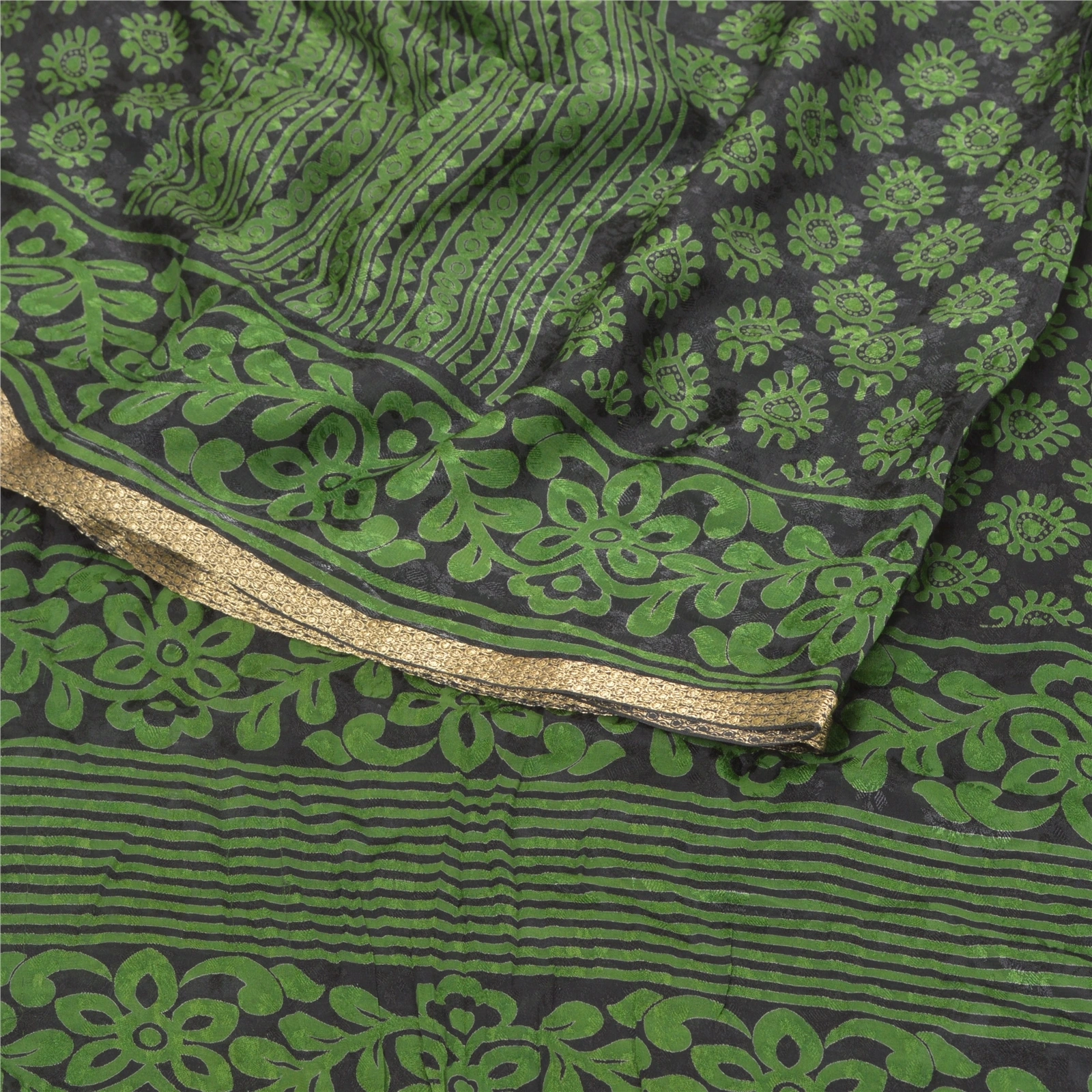 Sanskriti Vintage Green Sarees Blend Georgette Print Woven Sari 5Yd Craft Fabric, PRG-9412-Green-Printed Floral Design-Blend Georgette-9