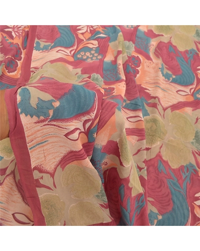 Sanskriti Vintage Sarees 100% Pure Georgette Silk Printed Sari 5Yd Craft Fabric, PRG-9414-Multicolor-Printed Floral Design-Pure Georgette Silk-4
