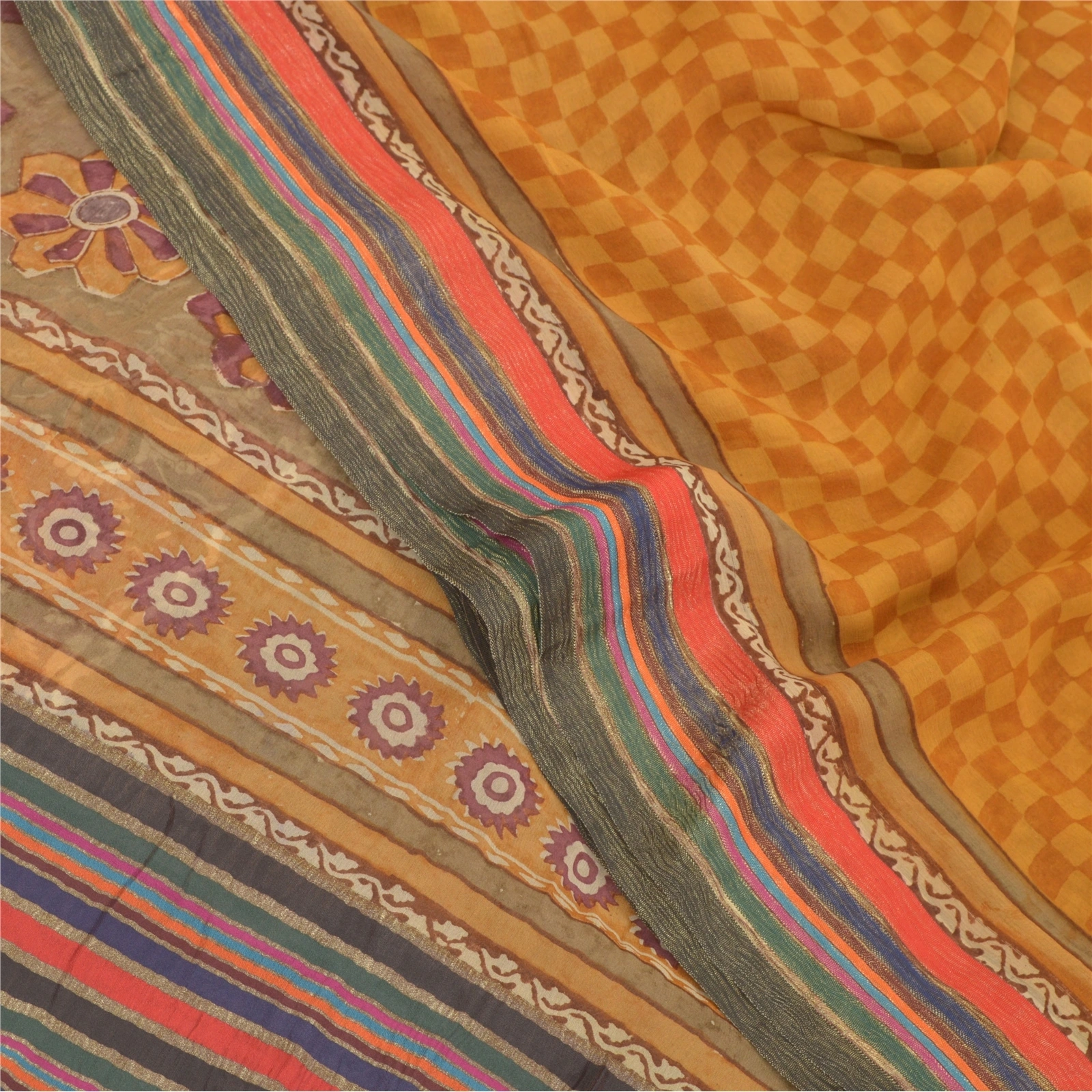 Sanskriti Vintage Indian Sarees 100% Pure Georgette Silk Printed Sari 5Yd Fabric, PRG-9427-Multicolor-Printed Floral Design-Pure Georgette Silk-1