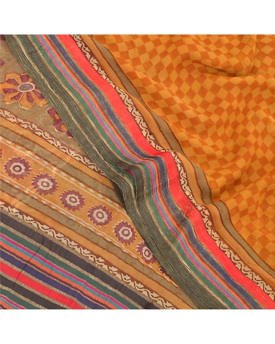 Sanskriti Vintage Indian Sarees 100% Pure Georgette Silk Printed Sari 5Yd Fabric, PRG-9427-Multicolor-Printed Floral Design-Pure Georgette Silk-1