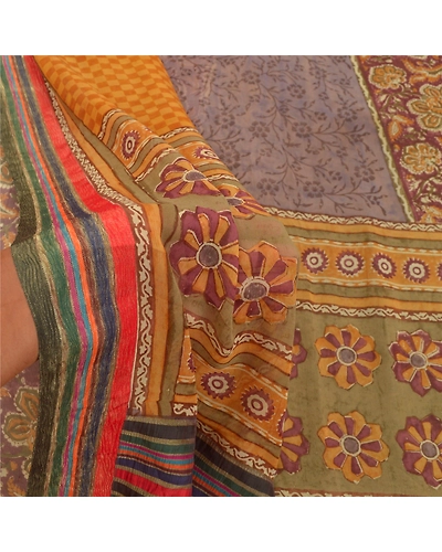 Sanskriti Vintage Indian Sarees 100% Pure Georgette Silk Printed Sari 5Yd Fabric, PRG-9427-Multicolor-Printed Floral Design-Pure Georgette Silk-4