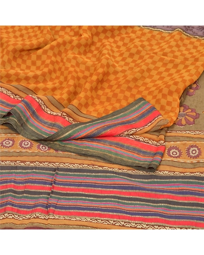 Sanskriti Vintage Indian Sarees 100% Pure Georgette Silk Printed Sari 5Yd Fabric, PRG-9427-Multicolor-Printed Floral Design-Pure Georgette Silk-7