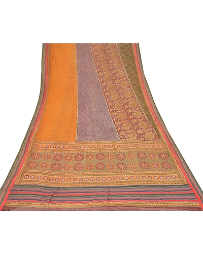 Sanskriti Vintage Indian Sarees 100% Pure Georgette Silk Printed Sari 5Yd Fabric, PRG-9427-Multicolor-Printed Floral Design-Pure Georgette Silk-8