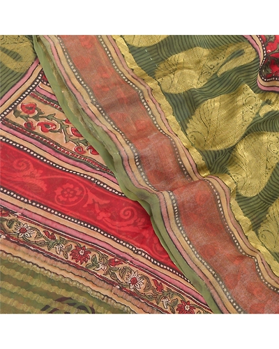 Sanskriti Vintage Sarees Green Pure Georgette Silk Printed Zari Work Sari Fabric, PRG-9440-Green-Printed Floral Design-Pure Georgette Silk-1