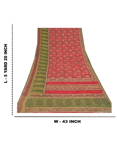 Sanskriti Vintage Sarees Green Pure Georgette Silk Printed Zari Work Sari Fabric, PRG-9440-Green-Printed Floral Design-Pure Georgette Silk-3