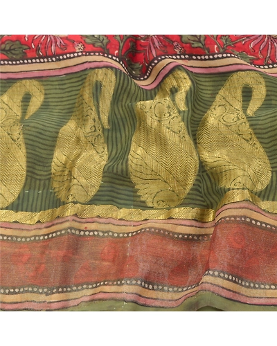 Sanskriti Vintage Sarees Green Pure Georgette Silk Printed Zari Work Sari Fabric, PRG-9440-Green-Printed Floral Design-Pure Georgette Silk-6