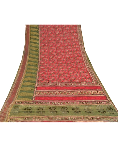 Sanskriti Vintage Sarees Green Pure Georgette Silk Printed Zari Work Sari Fabric, PRG-9440-Green-Printed Floral Design-Pure Georgette Silk-8