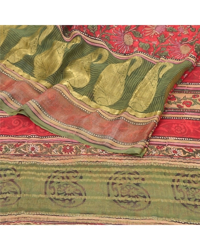 Sanskriti Vintage Sarees Green Pure Georgette Silk Printed Zari Work Sari Fabric, PRG-9440-Green-Printed Floral Design-Pure Georgette Silk-9