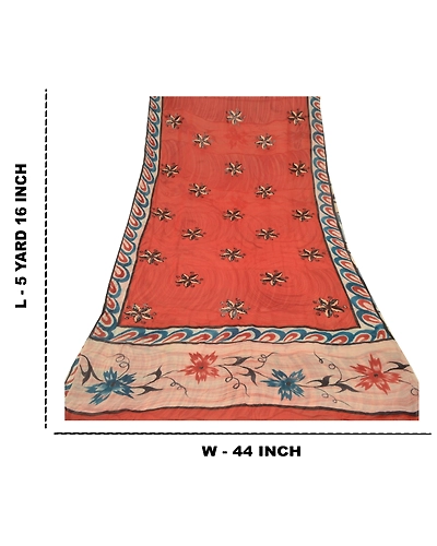 Sanskriti Vintage Red Sarees Pure Georgette Silk Printed Sequins Sari 5Yd Fabric, PRG-9463-Brick Red-Printed Floral Design-Pure Georgette Silk-3