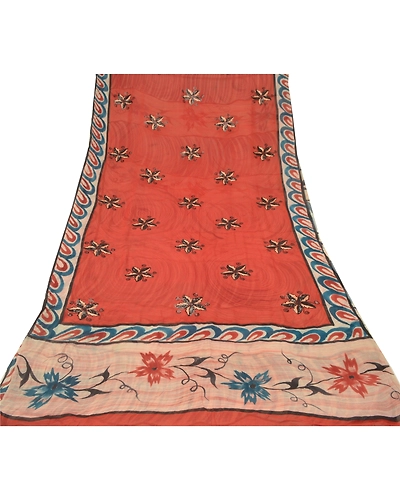 Sanskriti Vintage Red Sarees Pure Georgette Silk Printed Sequins Sari 5Yd Fabric, PRG-9463-Brick Red-Printed Floral Design-Pure Georgette Silk-8