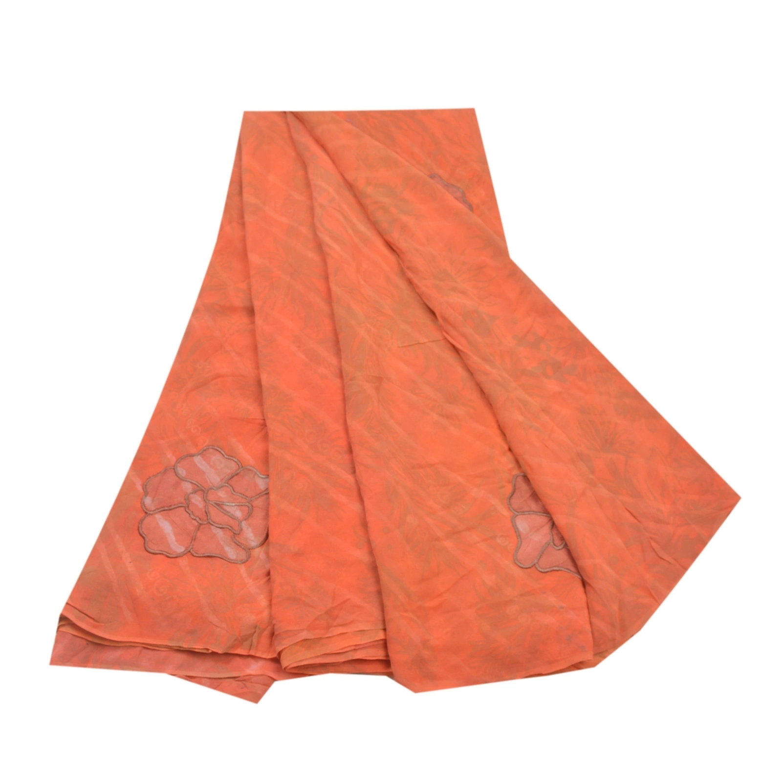 Sanskriti Vintage Orange Sarees Pure Georgette Silk Print Embroidery Sari Fabric, PRG-9471-Orange-Printed Floral Design-Pure Georgette Silk-2