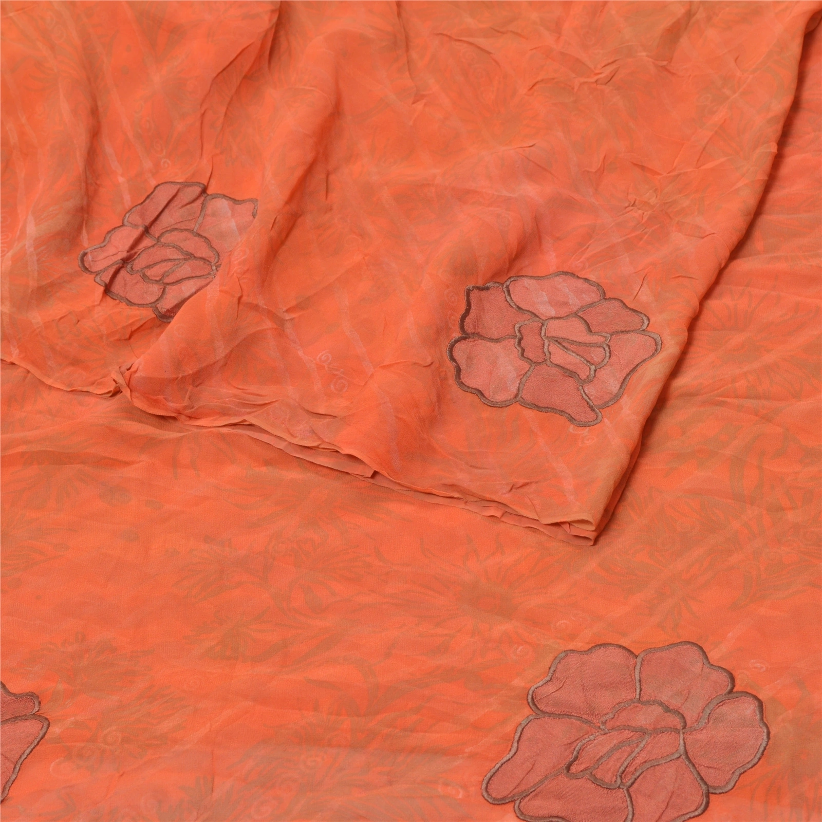 Sanskriti Vintage Orange Sarees Pure Georgette Silk Print Embroidery Sari Fabric, PRG-9471-Orange-Printed Floral Design-Pure Georgette Silk-7