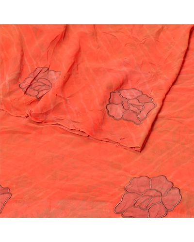 Sanskriti Vintage Orange Sarees Pure Georgette Silk Print Embroidery Sari Fabric, PRG-9471-Orange-Printed Floral Design-Pure Georgette Silk-7