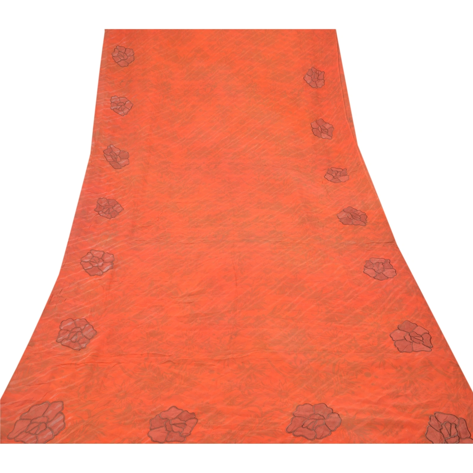 Sanskriti Vintage Orange Sarees Pure Georgette Silk Print Embroidery Sari Fabric, PRG-9471-Orange-Printed Floral Design-Pure Georgette Silk-8