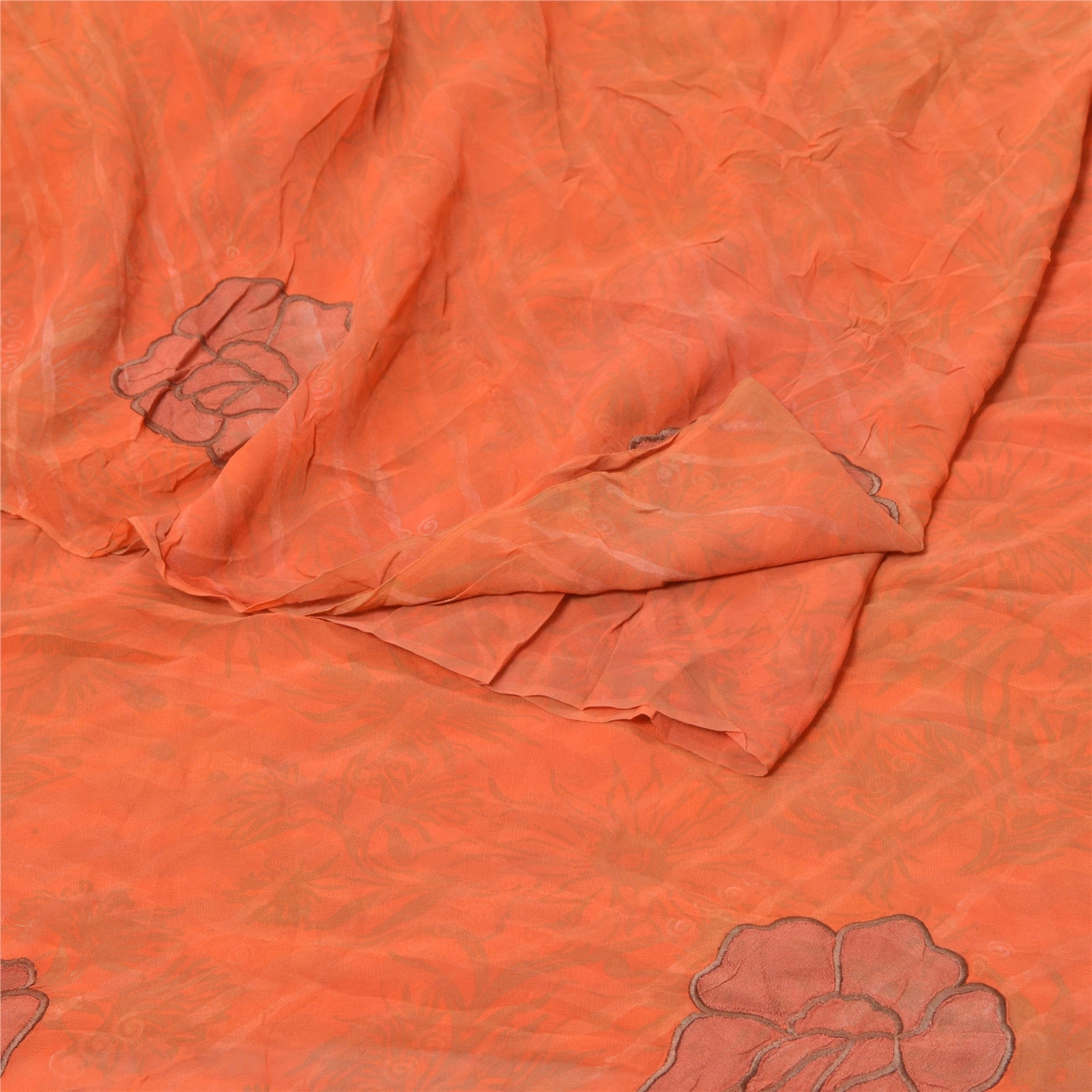 Sanskriti Vintage Orange Sarees Pure Georgette Silk Print Embroidery Sari Fabric, PRG-9471-Orange-Printed Floral Design-Pure Georgette Silk-9