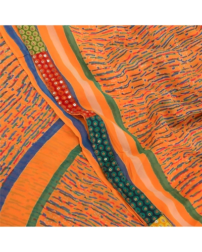 Sanskriti Vintage Sarees Orange Pure Georgette Silk Printed Sari Craft Fabric, PRG-9531-Orange-Printed Floral Design-Pure Georgette Silk-1