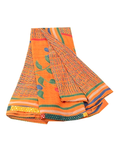 Sanskriti Vintage Sarees Orange Pure Georgette Silk Printed Sari Craft Fabric, PRG-9531-Orange-Printed Floral Design-Pure Georgette Silk-2