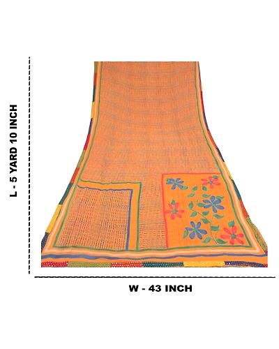 Sanskriti Vintage Sarees Orange Pure Georgette Silk Printed Sari Craft Fabric, PRG-9531-Orange-Printed Floral Design-Pure Georgette Silk-3