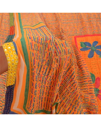 Sanskriti Vintage Sarees Orange Pure Georgette Silk Printed Sari Craft Fabric, PRG-9531-Orange-Printed Floral Design-Pure Georgette Silk-4