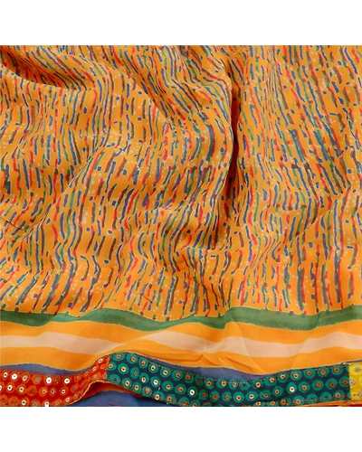 Sanskriti Vintage Sarees Orange Pure Georgette Silk Printed Sari Craft Fabric, PRG-9531-Orange-Printed Floral Design-Pure Georgette Silk-6