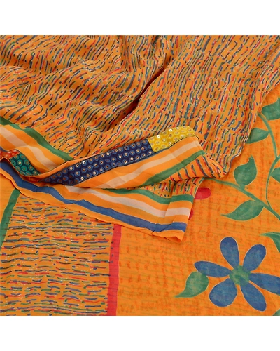 Sanskriti Vintage Sarees Orange Pure Georgette Silk Printed Sari Craft Fabric, PRG-9531-Orange-Printed Floral Design-Pure Georgette Silk-7