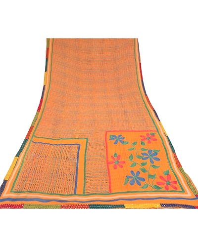 Sanskriti Vintage Sarees Orange Pure Georgette Silk Printed Sari Craft Fabric, PRG-9531-Orange-Printed Floral Design-Pure Georgette Silk-8