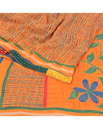 Sanskriti Vintage Sarees Orange Pure Georgette Silk Printed Sari Craft Fabric, PRG-9531-Orange-Printed Floral Design-Pure Georgette Silk-9