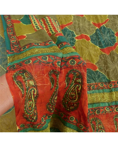 Sanskriti Vintage Sarees 100% Pure Georgette Silk Print Woven Sari Craft Fabric, PRG-9549-Green-Printed Floral Design-Pure Georgette Silk-4