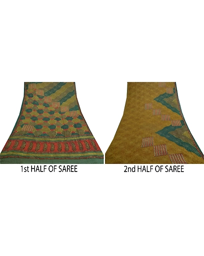 Sanskriti Vintage Sarees 100% Pure Georgette Silk Print Woven Sari Craft Fabric, PRG-9549-Green-Printed Floral Design-Pure Georgette Silk-5