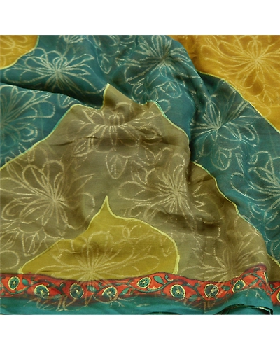 Sanskriti Vintage Sarees 100% Pure Georgette Silk Print Woven Sari Craft Fabric, PRG-9549-Green-Printed Floral Design-Pure Georgette Silk-6