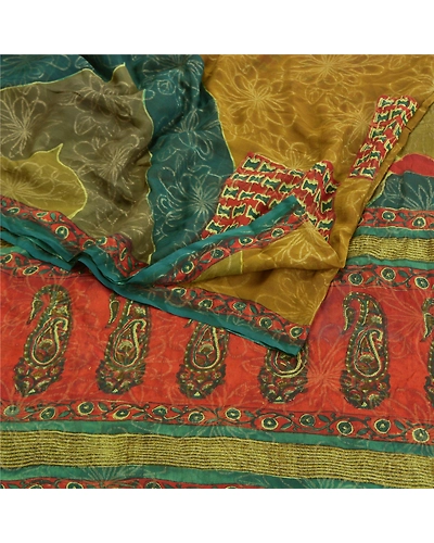 Sanskriti Vintage Sarees 100% Pure Georgette Silk Print Woven Sari Craft Fabric, PRG-9549-Green-Printed Floral Design-Pure Georgette Silk-7