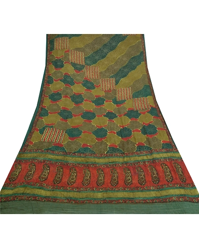 Sanskriti Vintage Sarees 100% Pure Georgette Silk Print Woven Sari Craft Fabric, PRG-9549-Green-Printed Floral Design-Pure Georgette Silk-8