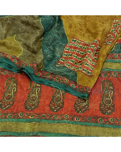 Sanskriti Vintage Sarees 100% Pure Georgette Silk Print Woven Sari Craft Fabric, PRG-9549-Green-Printed Floral Design-Pure Georgette Silk-9
